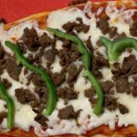 Cheesesteak · Tomato Sauce, Mozzarella, Steak, Green Peppers.