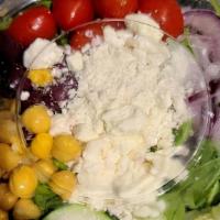 Mediterranean Salad · Arugula, Red Onion, Cucumber, Tomato Chickpeas, Kalamata Olives, Feta Cheese.