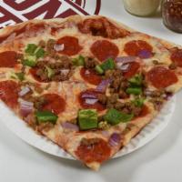 Quarter Pie Supremo Pizza · Tomato sauce, mozzarella cheese, pepperoni, sausage, green pepper, and onion.