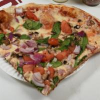 Quarter Pie Veggie Pizza · Tomato sauce, mozzarella cheese, tomato, mushroom, and onion.