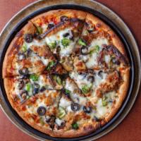 Grilled Vegetable Pizza · Onions, cooked green peppers, mushrooms broccoli, black olives. Eggplant and mozzarella chee...