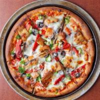 California Veggie Supreme Pizza · White sliced onions, diced tomatoes, sliced black olives, broccoli. Roasted red peppers, coo...