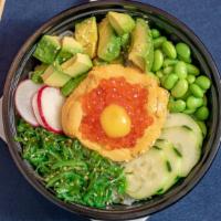 Uni/Ikura Pokebowl · Fresh sea urchin, ikura, quail eggs, edamame pods, cucumber, seaweed salad, radish, served w...