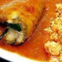 Chiles Rellenos · Stuffed poblano pepper with cheese topped with a red sauce. Served with rice, beans and tort...