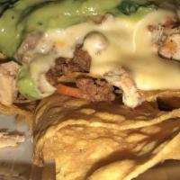 Nachos · what we eat for family meal! taco beef OR spicy tofu, homemade cheese sauce, shredded cheese...