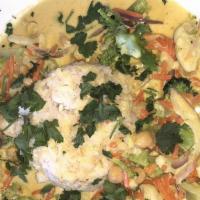 Curried Veggie Bowl · broccoli, cauliflower, chickpeas, carrots, onions, tomatoes, yellow curry sauce, jasmine ric...