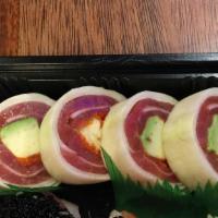 Sashimi Cucumber Sushi · Choice of tuna, salmon, yellowtail, or spicy tuna with caviar wrap in cucumber.
