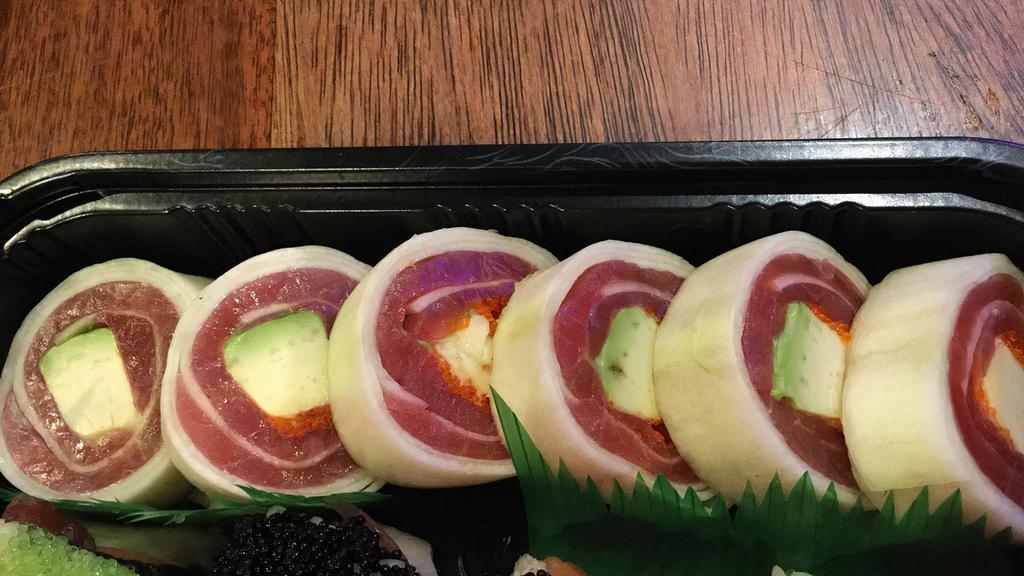 Sashimi Cucumber Sushi · Choice of tuna, salmon, yellowtail, or spicy tuna with caviar wrap in cucumber.
