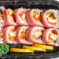 Spider Man Roll (10 Pcs.) · Soft shell crab, spicy tuna,eel, avocado wrapped in soy paper, topped with spicy mayo and ee...