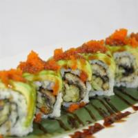  Dragon Roll · Eel and cucumber inside, topped with avocado, tobiko and eel sauce.
