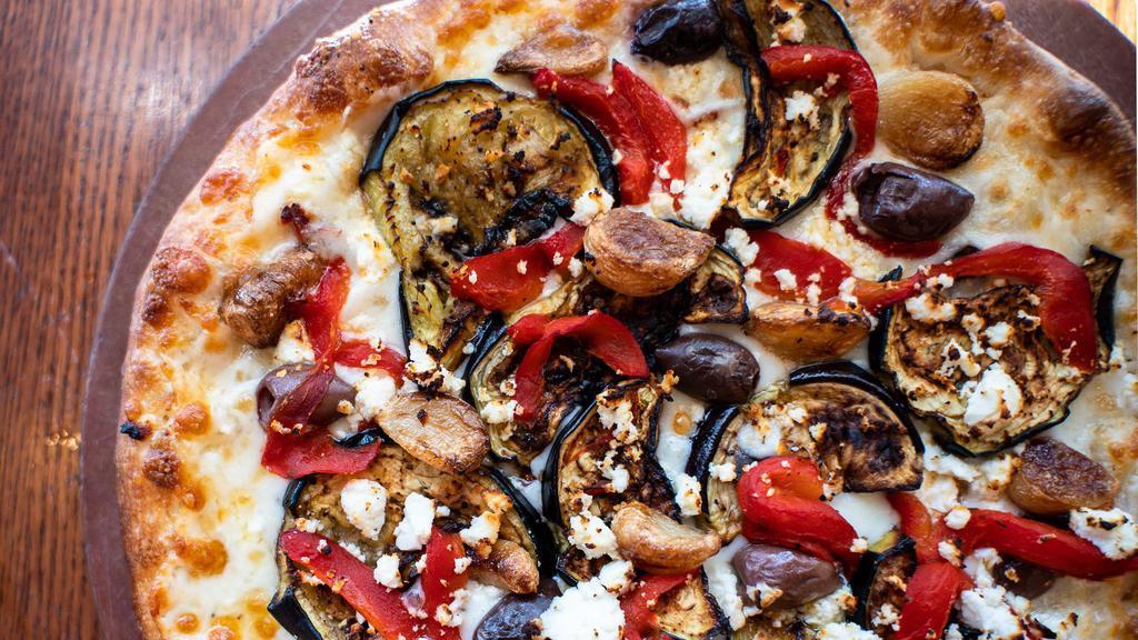 Roasted Eggplant · Garlic herb sauce, eggplant, sun dried tomatoes, roasted red peppers, roasted garlic, feta cheese and kalamata olives.
