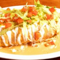 Tinga Burrito Ahogado · Flour, tortilla loaded with refried beans, rice and cheese topped with your choice of sauce ...
