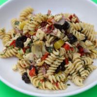 New Jetties Pasta Salad - Small · Fusilli pasta with pepperoncini, black olives, artichoke hearts, red onion, scallions, roast...