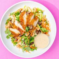 Thirty Acres · Romaine lettuce, arugula, fried chicken, couscous, shredded carrots, medjool dates, and cash...