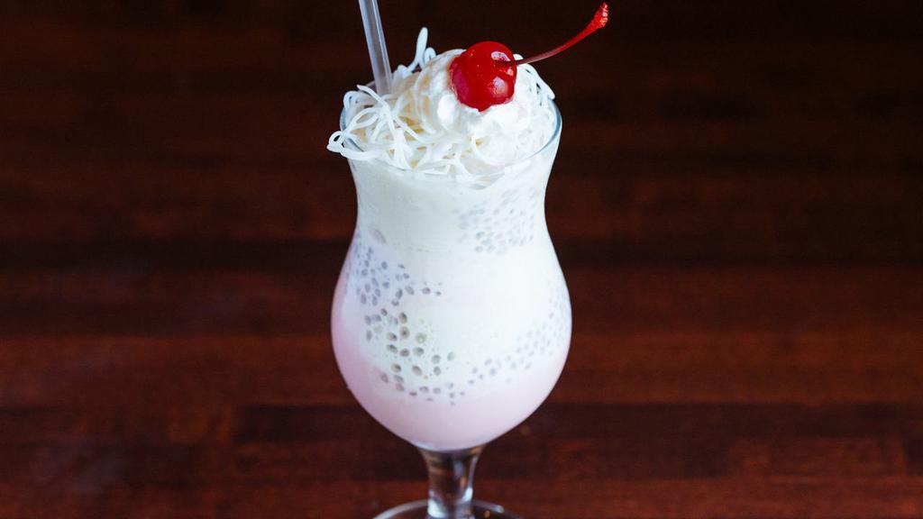 Falooda ( Discontinue ) · Rose flavored milk mixed with falooda sev, tukmuria seeds, and topped with ice cream. A royal dessert.