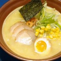 House Ramen Noodle Soup · Topped with Cha-Shu pork, egg, beansprouts, nori, corn and scallions.