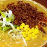 Spicy Miso Ramen Noodle Soup · Spicy Miso Ramen topped with spicy ground pork, corn, bean sprouts and scallions.