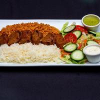 Beef Kabob · Served with fresh baked steamed basmati rice and salad.