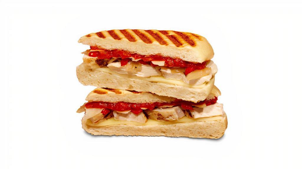 Chicken Parm Panini · roasted chicken, marinara sauce, provolone cheese, parmesan cheese, roasted onions, roasted red peppers