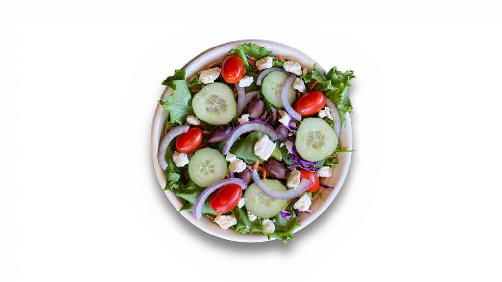 Mediterranean Salad · mixed greens, cabbage, carrots, red onions, tomatoes, cucumbers, kalamata olives, crumbled feta cheese with white balsamic vinaigrette dressing