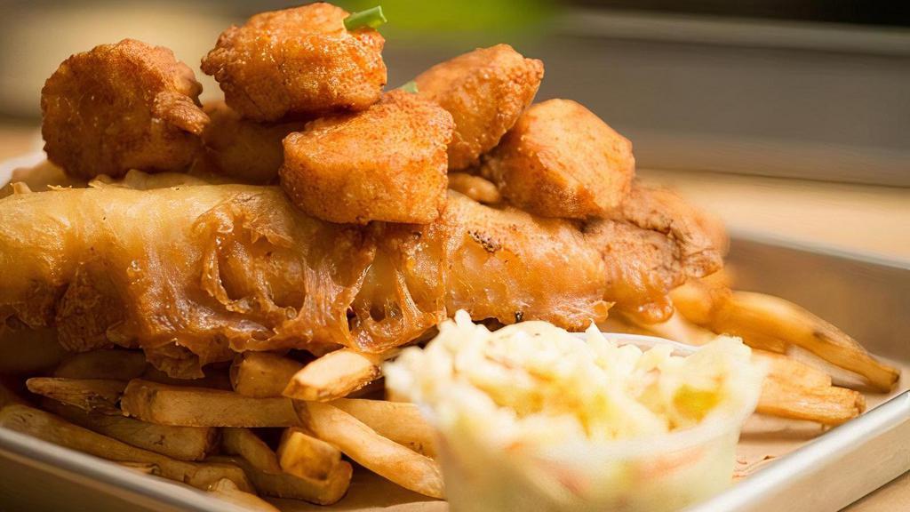 Fishermans Platter · Beer or dry battered fried haddock, scallops, shrimp, hand-cut fries, Cole slaw, sriracha tartar sauce