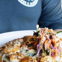 Crazy Good Scallops · Seared george’s bank scallops, parmesan  risotto, cucumber salad, honey ginger  wasabi, swee...