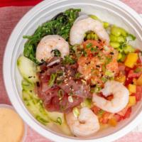 Poke Garden Special · Raw. Salmon, Tuna, Shrimp, Seaweed Salad, Mango Salsa, Cucumber, Edamame, Scallion, Furikake...