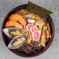 Seafood Ramen · Miso stock. Toppings include shrimp, scallop, fish cake, mussel, egg and broccoli.