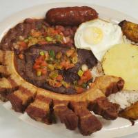 Bandeja Paisa Con Carne Asada · Grilled Steak, rice, beans, pork ring, 
Colombian sausage, fried egg, Sweet plantain, avocad...