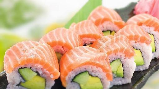 Salmon Sake Sushi · Two pieces.