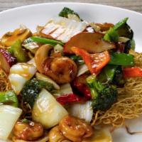 Crispy Peking Seafood Noodles · Soft noodles pan-fried till crispy and topped with shrimp, scallops, imitation crab meat and...