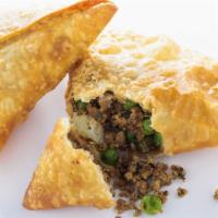 Lamb Samosa · Deliciously golden fried, crispy triangular pastry turnovers, filled with minced lamb, seaso...