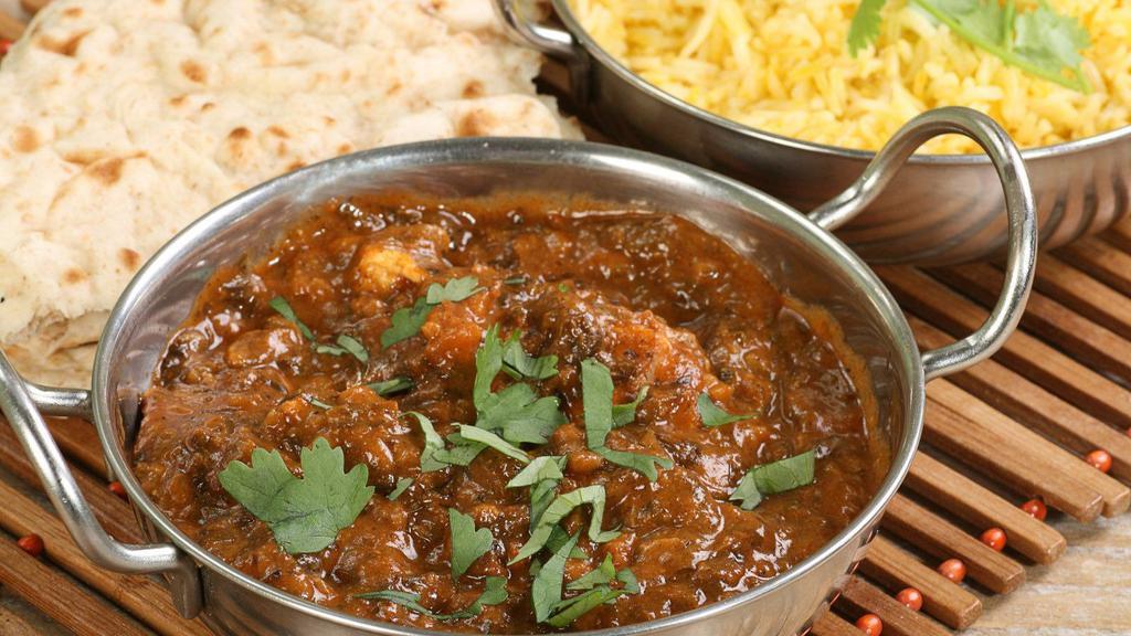 Goat Karahi With Ginger Sauce · Delicious marinated bone-in goat, sautéed with special ginger sauce cooked in various herbs and spices.