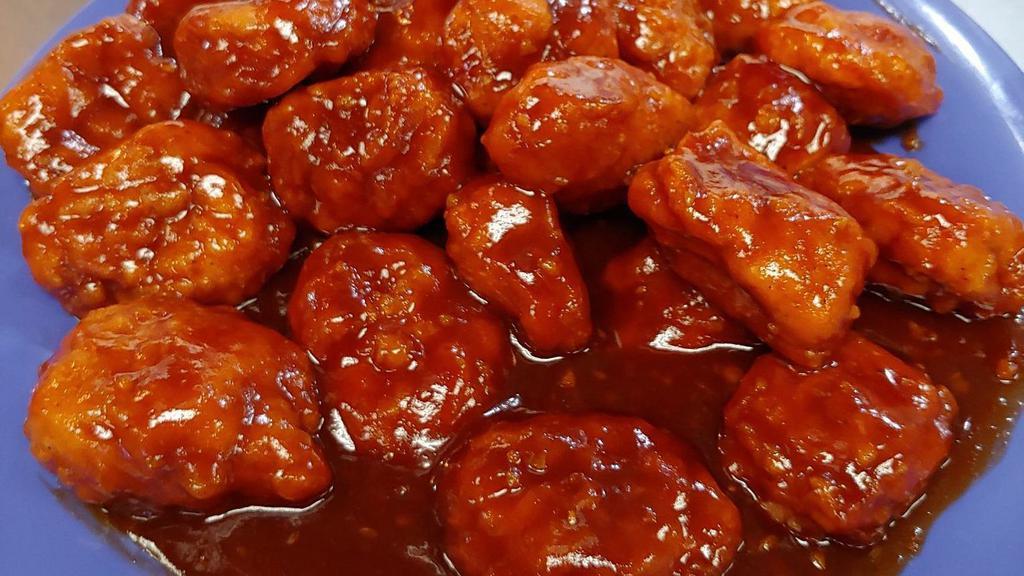 30 Piece Boneless · 30 boneless wings shaken in up to 2 of our famous housemade sauces.  30 piece wing comes with 3 dressings.