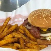 Bacon Cheeseburger Meal · Burgers come with lettuce, tomato, onion, pickle, mayo, mustard and ketchup, your choice of ...