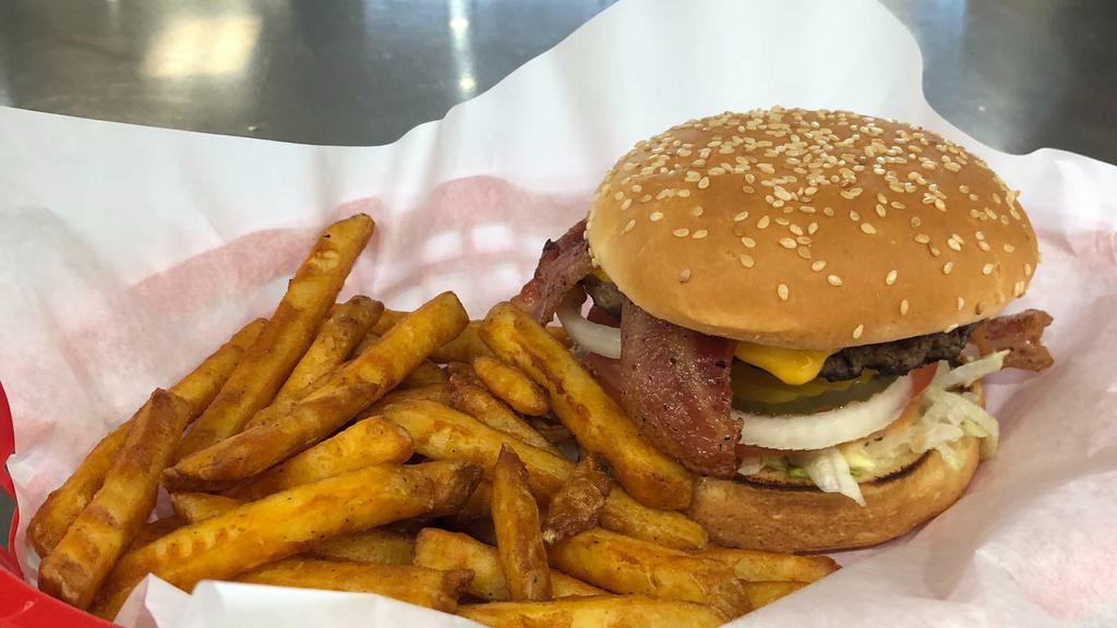 Bacon Cheeseburger Meal · Burgers come with lettuce, tomato, onion, pickle, mayo, mustard and ketchup, your choice of cheese, chips and a soda.  Upgrade to fries for an additional cost.