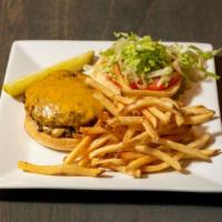 Institute Burger · 4 oz. Angus beef patty(s), Institute sauce, lettuce, tomato, potato roll, french fries and a...