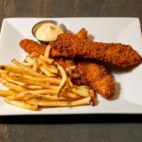 Chicken Fingers · Panko crusted and deep fried, served with fries and choice of sauce.