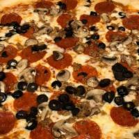 The Works Pizza · Pizza sauce, pepperoni, sausage, green peppers, mushrooms, onions, and black olives topped w...