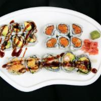Maki Combination A · Shrimp tempura roll, spicy tuna roll, eel avocado roll.