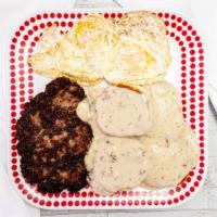Biscuits & Gravy Plate · 2 biscuits smothered in country gravy served with sausage patty and topped with 2 eggs.