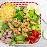 Chef Salad · romaine, grilled chicken, ham, tomato, hard-boiled egg & shredded cheese. Make it a cobb- ad...