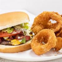 Bacon Cheeseburger · Dressed with mayonnaise lettuce. tomato onion and pickles. served with choice of coleslaw or...