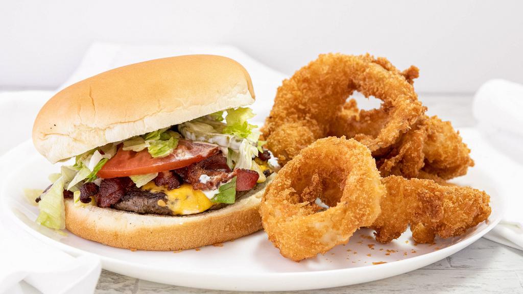 Bacon Cheeseburger · Dressed with mayonnaise lettuce. tomato onion and pickles. served with choice of coleslaw or fries.