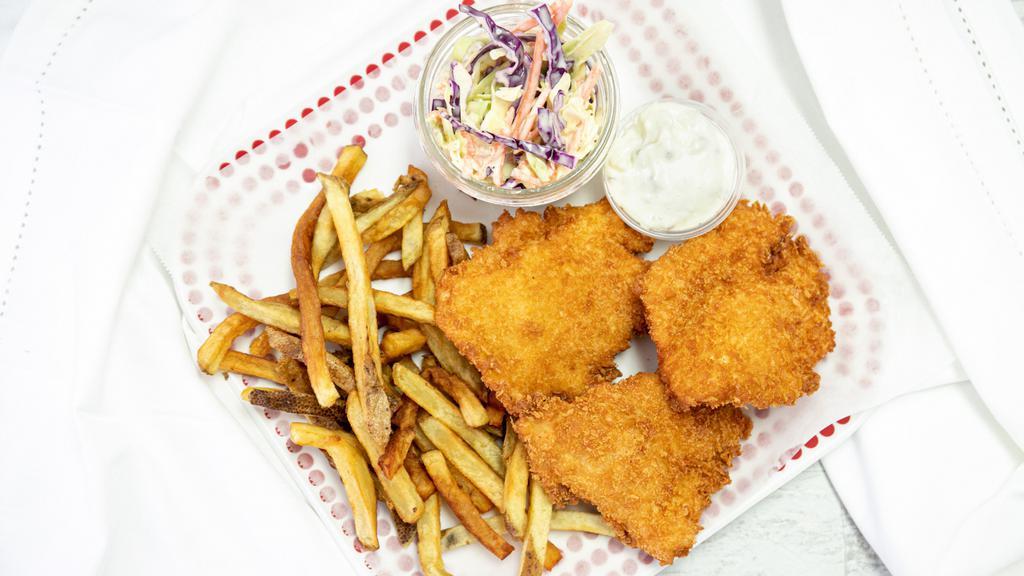 Halibut Plate · served fish & chip style with fries & coleslaw.