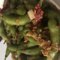 Spicy Edamame · Wok-stirred spicy soybean, jalapeno pepper, onion, and pickle.