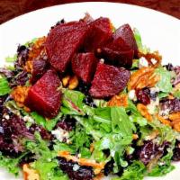 Big Beet Salad · Red Beets, Blue Cheese Crumbles, Candied Walnuts, Dried Cranberries, Quinoa, Sliced Green On...