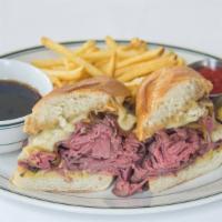 French Dip · Roasted Beef, Swiss Cheese, Caramelized Onion, Au Jus, French Roll