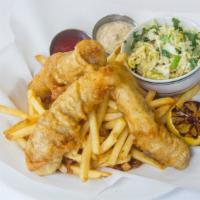 Fish & Chips · Beer Battered Cod, Peanut Coleslaw, Rémoulade Sauce, French Fries