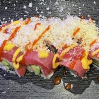 Fire · Vegetable roll topped with tuna,crunchy, spicy mayo and sriracha sauce.